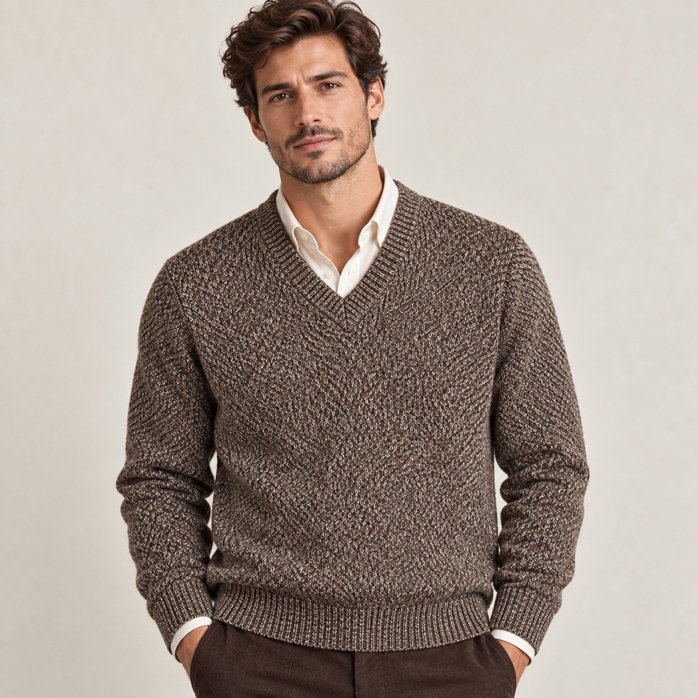 Peruvian Alpaca Sweater Men L Brown Marled V-Neck Knit Luxury Preppy Sustainable